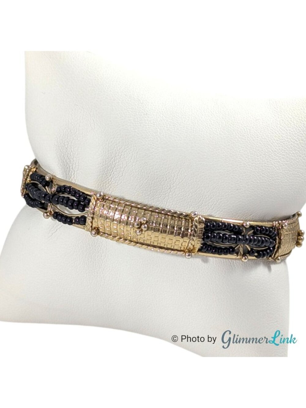 Gold Tone Seed Bead Bangle Southwestern Style Black Beaded Bracelet